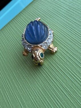 Gold Turtle Brooch with Blue Shell and Crystal Accents